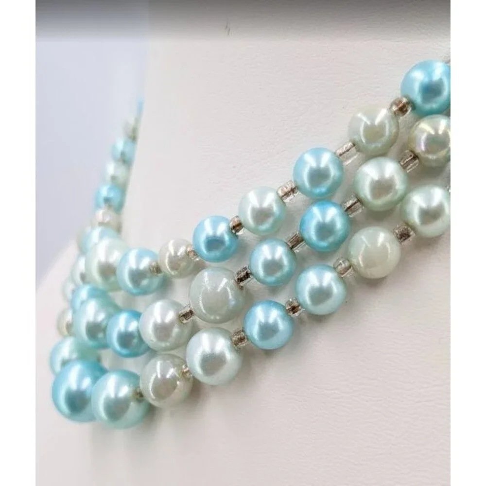 Vintage Japan Triple Strand Faux Pearl Necklace Aqua Cream Silver Tone 18 Inch